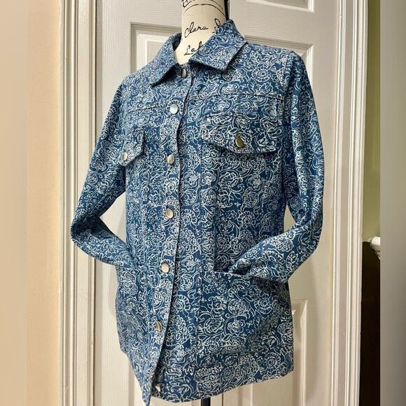 SOLITAIRE DENIM JACKET CRAFTED FLORAL PRINT 4 POCKETS SZ M VERSATILE AESTHETIC - Picture 2 of 14